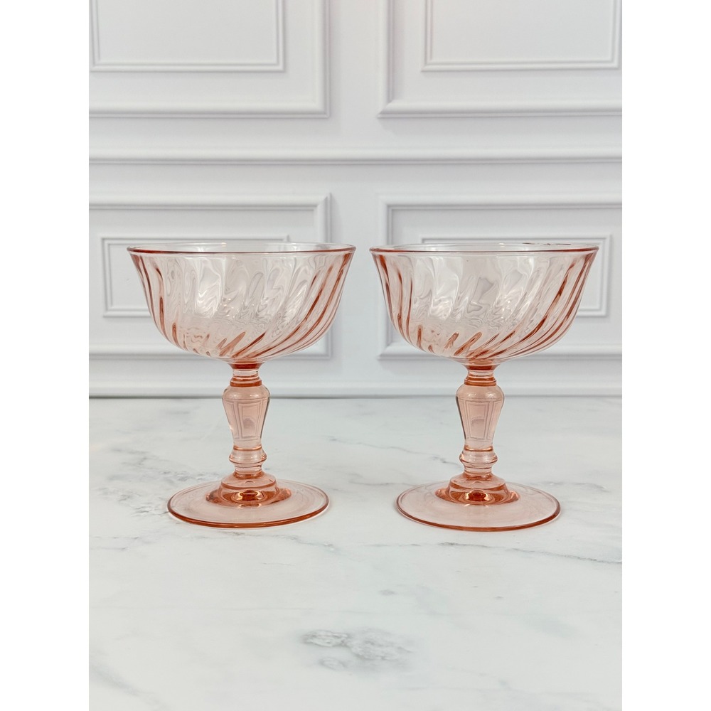 VTG PAIR (2) 1970s Arcoroc Pink Swirl Rosaline Sherbet Champagne Coupes